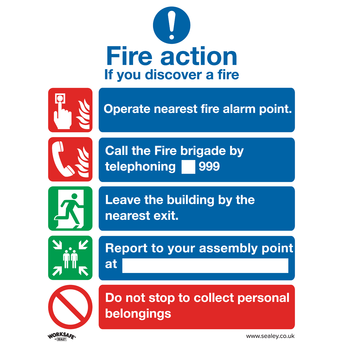 Sealey SS20V10 Safe Conditions Safety Sign - Fire Action Without Lift - Self-Adhesive Vinyl - Pack of 10