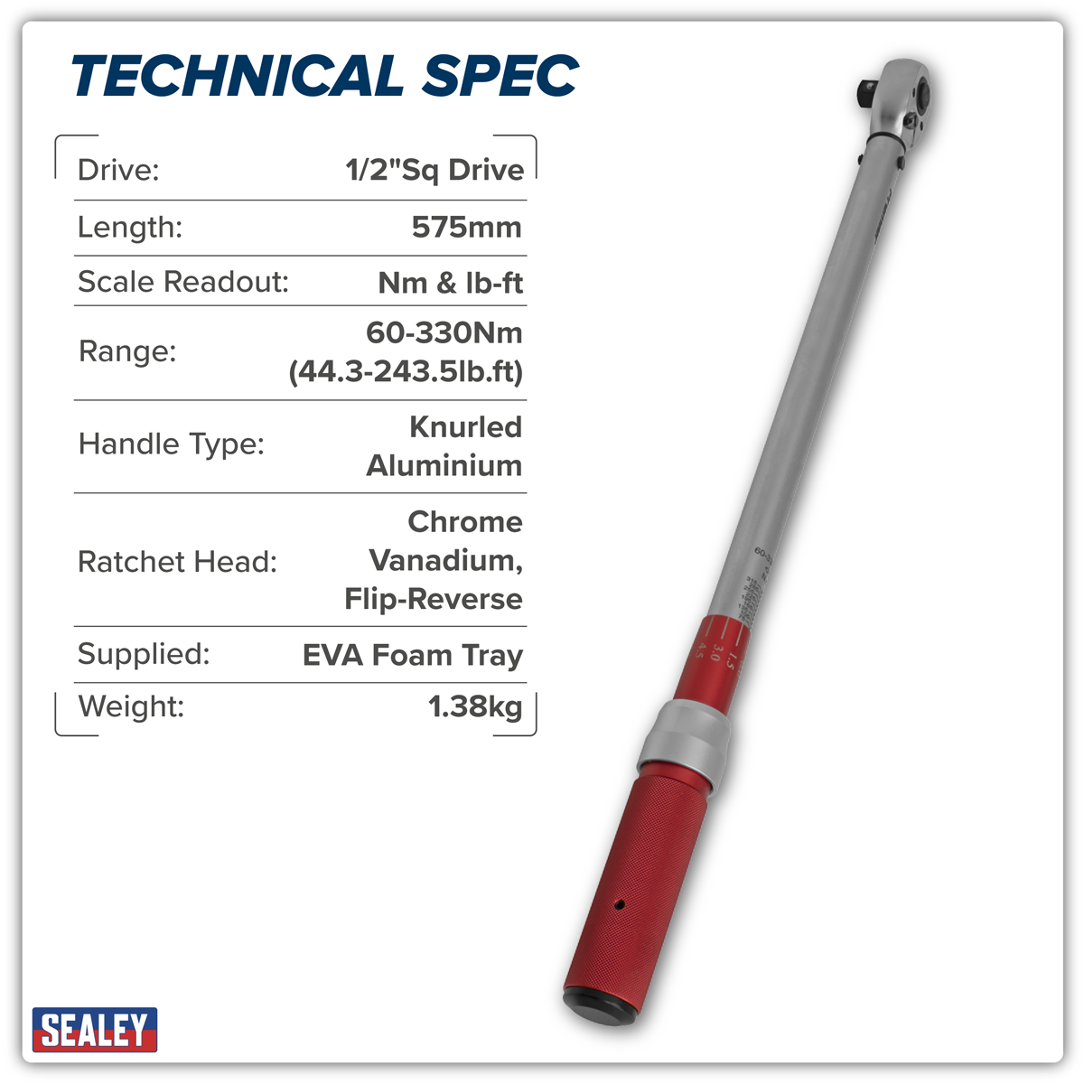 Sealey STW905 Torque Wrench Micrometer Style 1/2"Sq Drive 60-330Nm - Calibrated