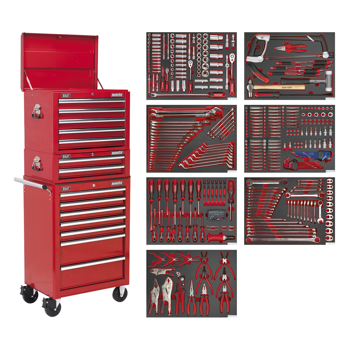 Sealey TBTPCOMBO1 Tool Chest Combination 14 Drawer with Ball Bearing Slides - Red & 446pc Tool Kit
