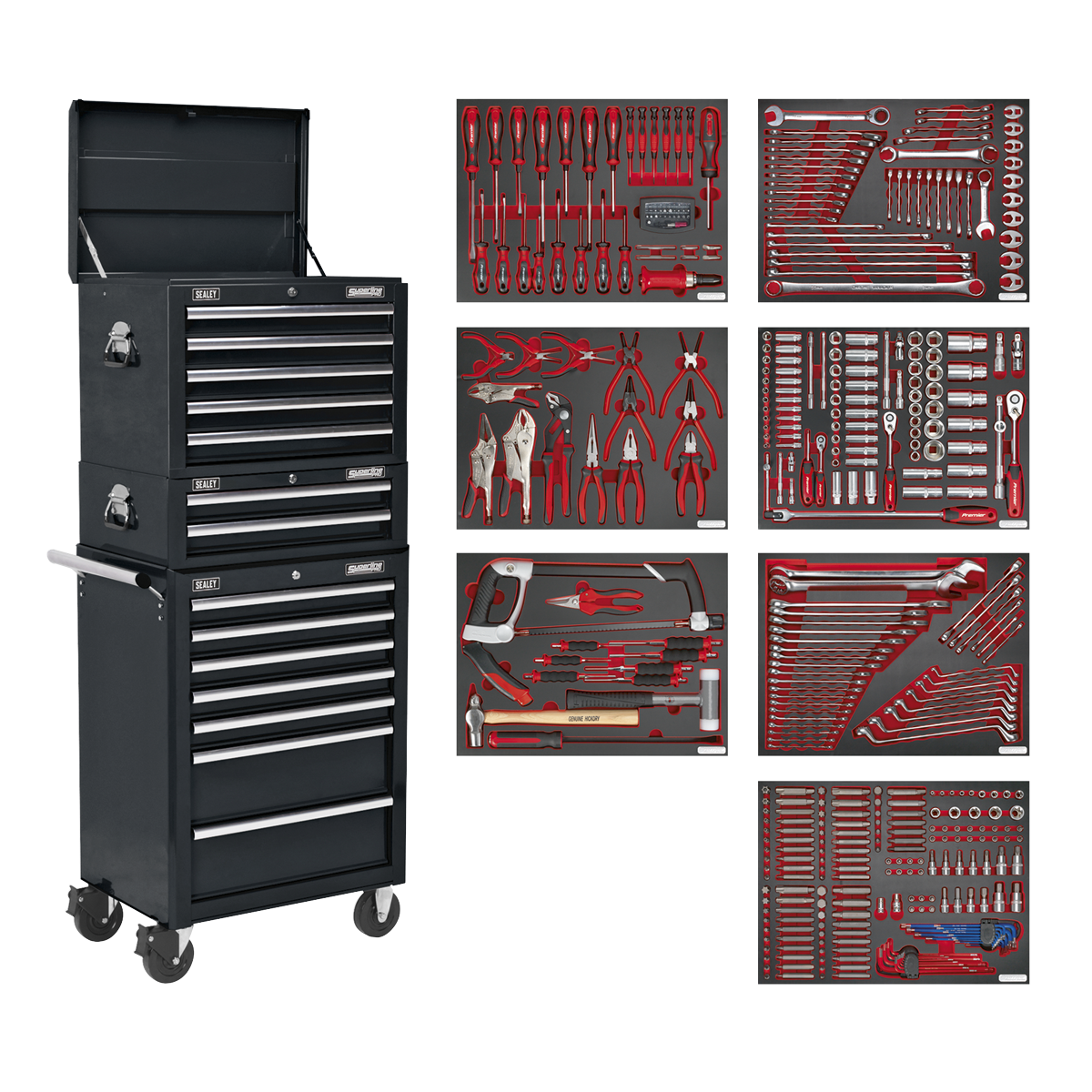 Sealey TBTPCOMBO2 Tool Chest Combination 14 Drawer with Ball-Bearing Slides - Black & 446pc Tool Kit