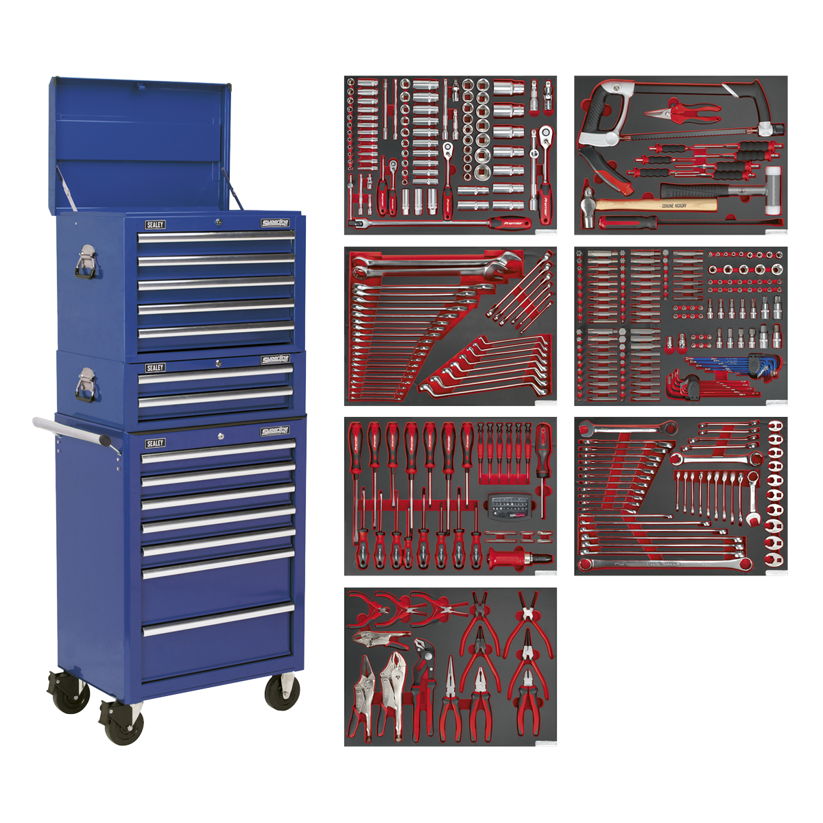 Sealey TBTPCOMBO5 Tool Chest Combination 14 Drawer with Ball-Bearing Slides - Blue & 446pc Tool Kit