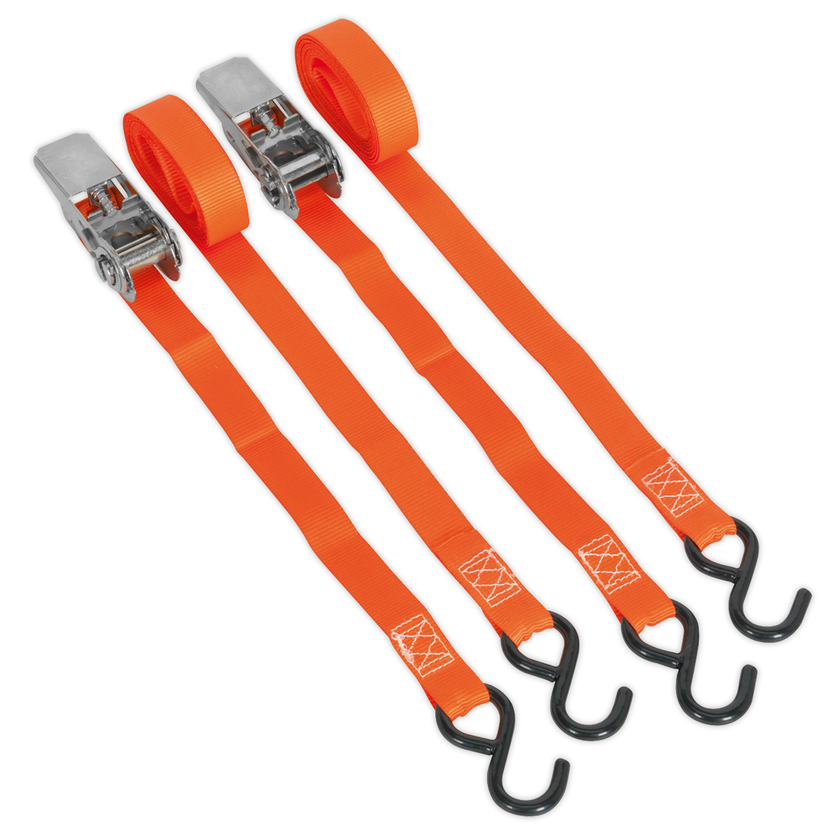 Sealey TD0540S2 Ratchet Tie Down 25mm x 4m Polyester Webbing with S-Hooks 500kg Breaking Strength - Pair