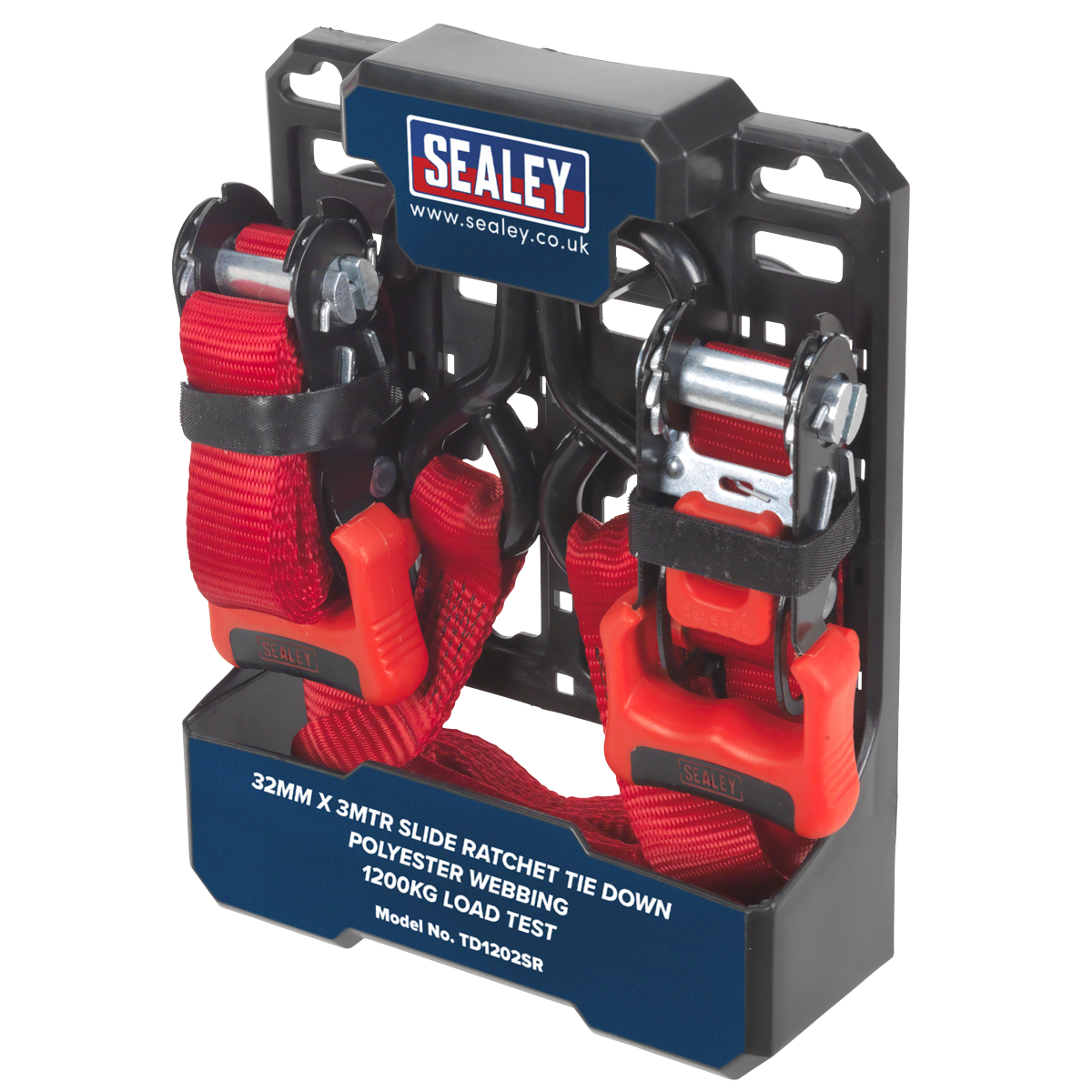 Sealey TD1202SR Slide Ratchet Tie Down 32mm x 3m Polyester Webbing with S-Hooks 1200kg Breaking Strength