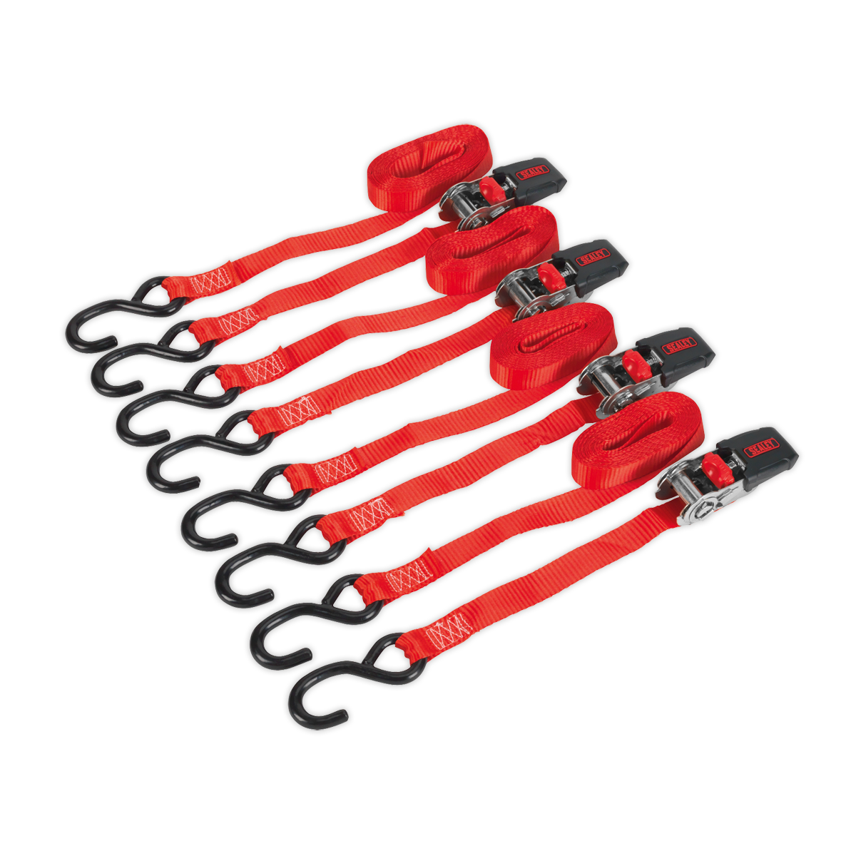 Sealey TD484SD Ratchet Tie Down 25mm x 4m Polyester Webbing with S-Hooks 800kg Breaking Strength - 2 Pairs