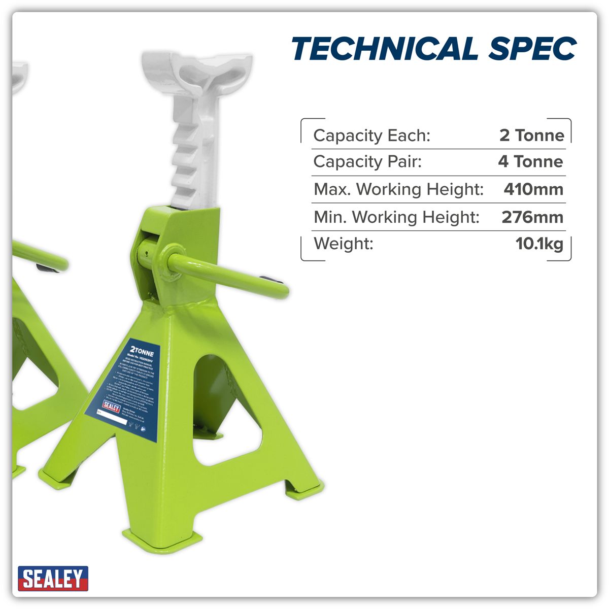 Sealey VS2002HV Axle Stands (Pair) 2tonne Capacity per Stand Ratchet Type - Hi-Vis Green