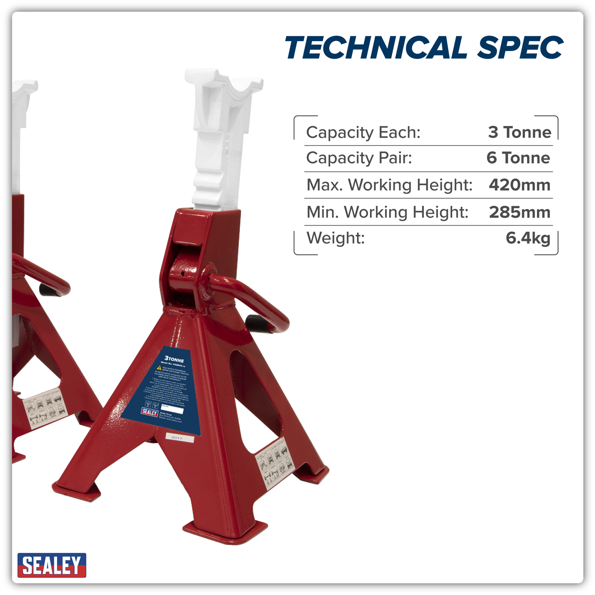 Sealey VS2003 Axle Stands (Pair) 3tonne Capacity per Stand Ratchet Type