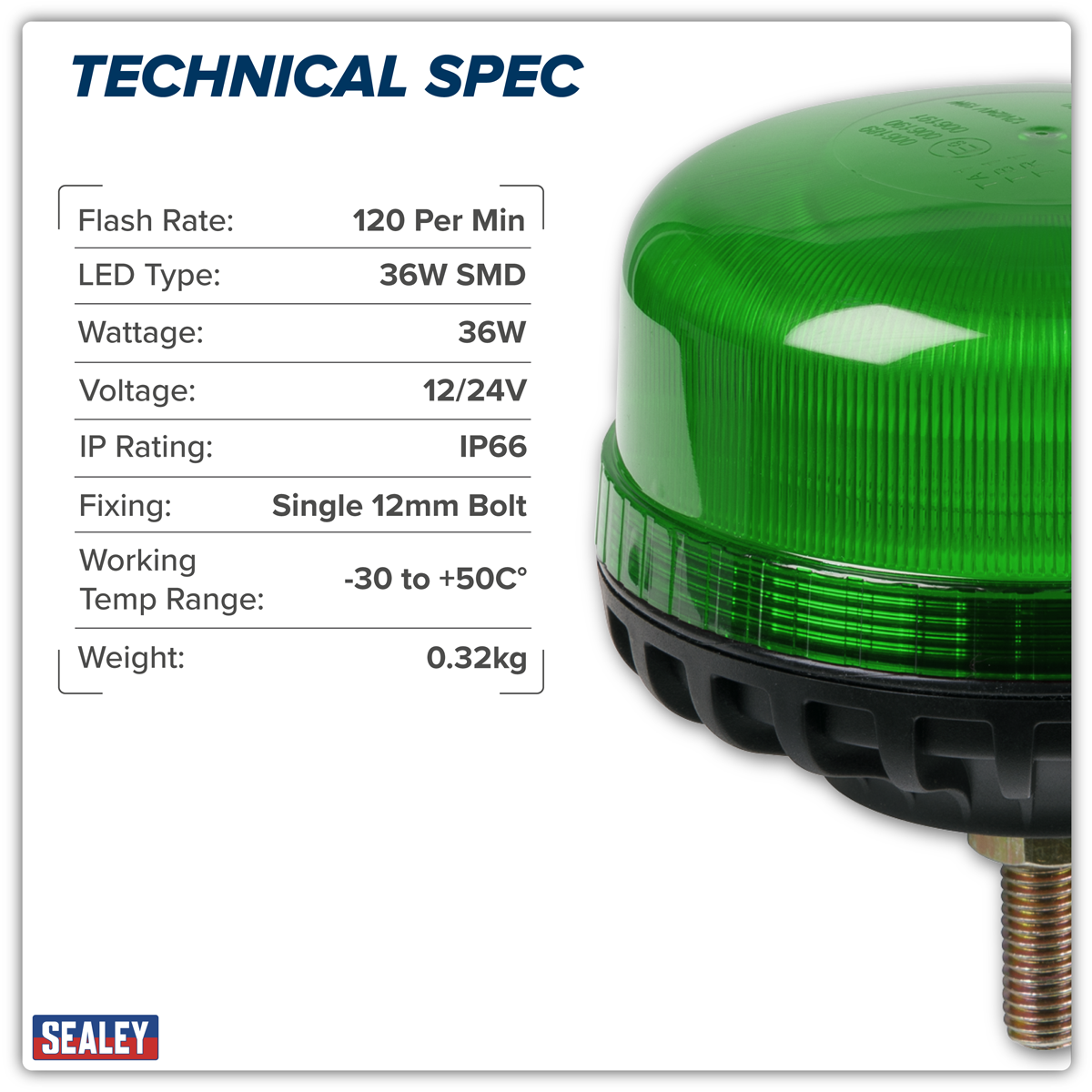 Sealey WB951LEDG Warning Beacon SMD LED 12/24V 12mm Bolt Fixing - Green
