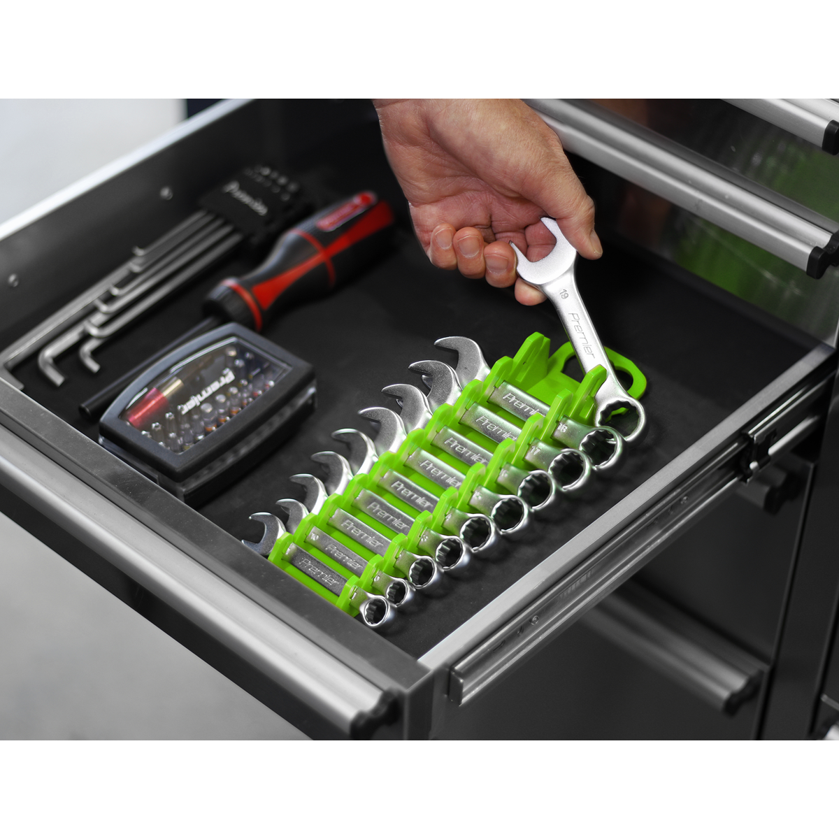 Sealey WR10HV Spanner Rack Capacity 10 Stubby Spanners Hi-Vis Green