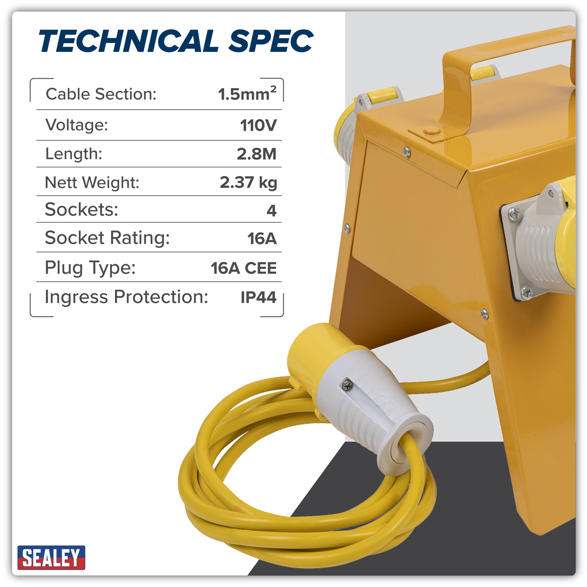 Sealey WSSB16 CEE 4-Way Splitter Box 1.5mm Cable 16A Plug