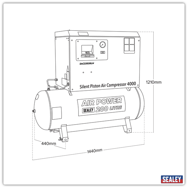 Sealey SAC2203BLN Air Compressor 200L Belt Drive 3hp with Cast Cylinders Low Noise