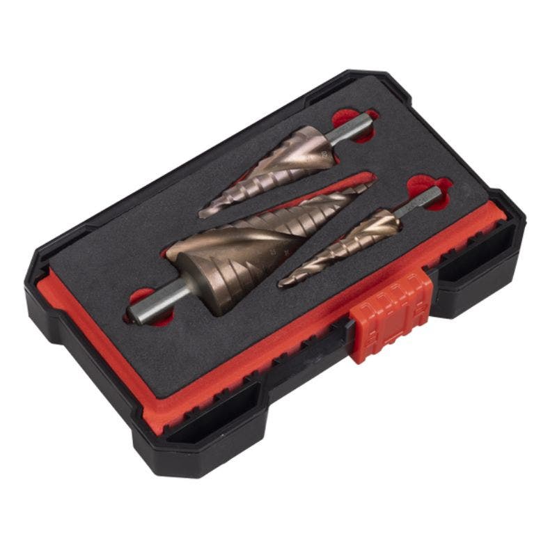 Sealey AK4743 HSS M2 Step Drill Bit Set 3pc Spiral Flute