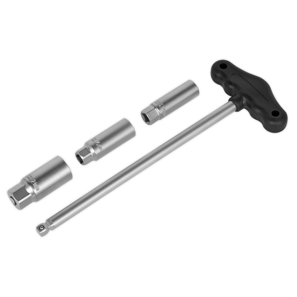 Sealey AK6550 T-Bar & Rubber Insert Spark Plug Socket Set 4pc 3/8"Sq Drive