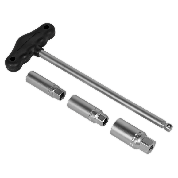 Sealey AK6550 T-Bar & Rubber Insert Spark Plug Socket Set 4pc 3/8"Sq Drive