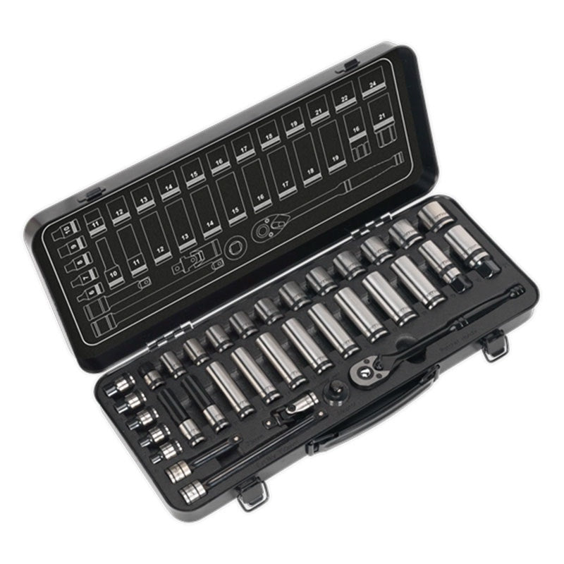Sealey AK7971 Socket Set 34pc 3/8"Sq Drive 6pt Wall Drive Metric Black Series