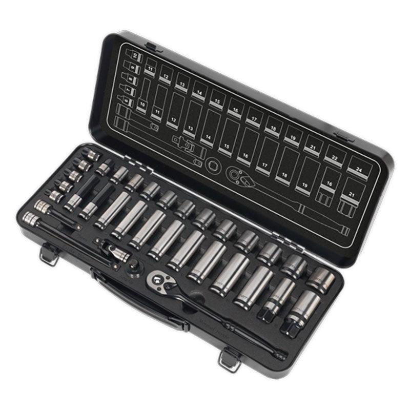 Sealey AK7971 Socket Set 34pc 3/8"Sq Drive 6pt Wall Drive Metric Black Series