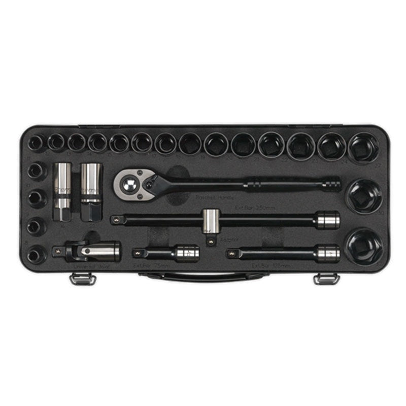 Sealey AK7972 Socket Set 28pc 1/2"Sq Drive 6pt WallDrive Metric Black Series