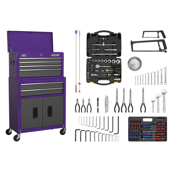 Sealey AP2200COMBOCP Topchest & Rollcab Combination 6 Drawer with Ball-Bearing Slides - Purple/Grey & 170pc Tool Kit