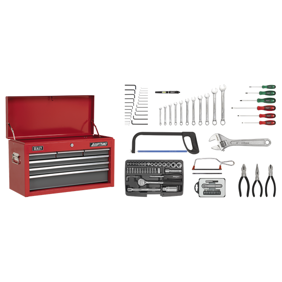 Sealey AP2201BBCOMBO Topchest 6 Drawer with Ball-Bearing Slides - Red/Grey & 98pc Tool Kit
