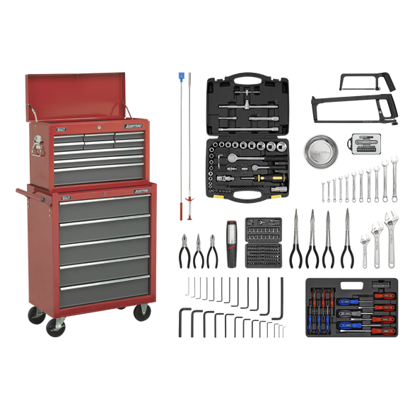 Sealey AP2250BBCOMBO Topchest & Rollcab Combination 14 Drawer with Ball-Bearing Slides - Red/Grey & 239pc Tool Kit