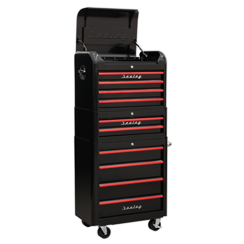 Sealey AP28COMBO2BR Retro Style Topchest, Mid-Box & Rollcab Combination 10 Drawer - Black with Red Anodised Drawer Pulls