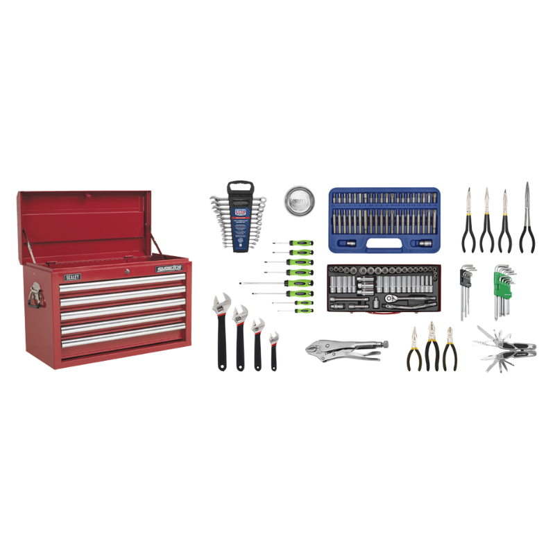 Sealey AP33059COMBO Topchest 5 Drawer with Ball Bearing Slides - Red & 140pc Tool Kit