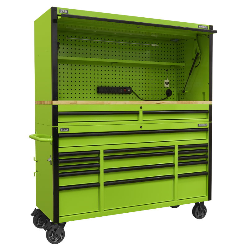 Sealey AP6115BECOMBO1 Superline PRO® Black Edition Mobile Trolley with Wooden Worktop, Hutch & 2 Drawer Riser 15 Drawer 1549mm