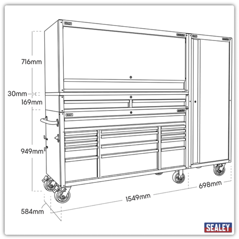 Sealey AP6115BECOMBO2 Superline PRO® Black Edition Mobile Trolley with Wooden Worktop, Hutch, 2 Drawer Riser & Side Locker 15 Drawer 1549mm