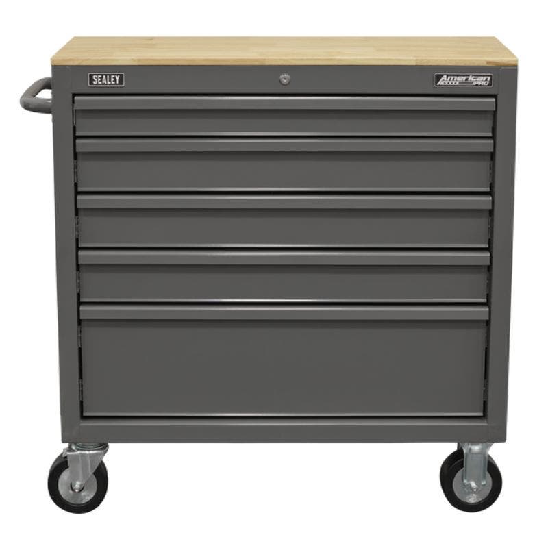 Sealey APMWS1G American PRO Mobile Workstation with Wooden Worktop 5 Drawer - Grey