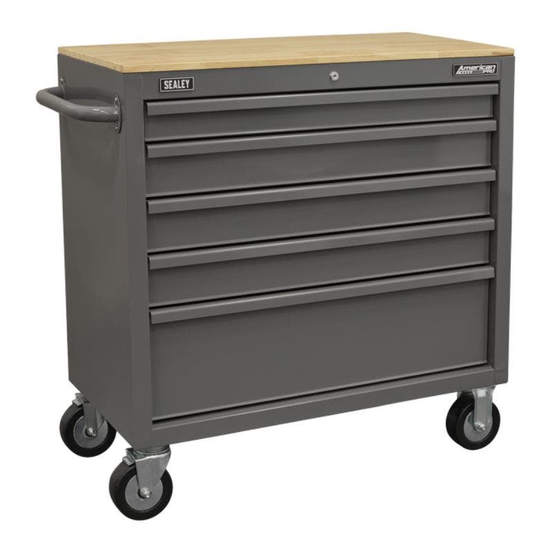 Sealey APMWS1G American PRO Mobile Workstation with Wooden Worktop 5 Drawer - Grey
