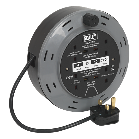 Sealey BCR10B 10m Cassette Type Cable Reel with Thermal Trip 4 x 230V