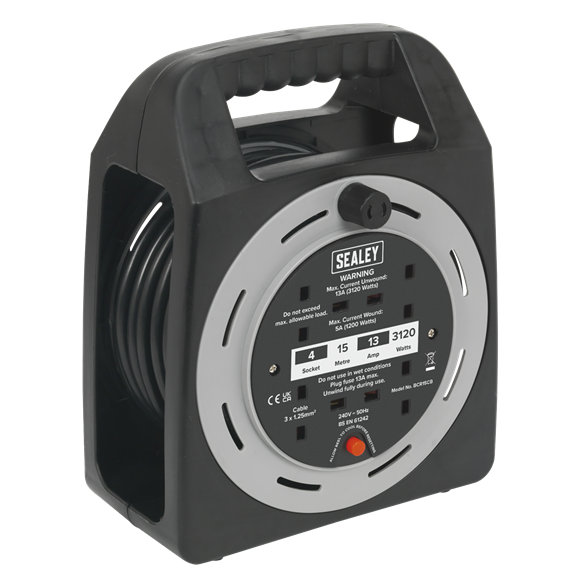 Sealey BCR15CB 15m Box Type Cable Reel with Thermal Trip 4 x 230V