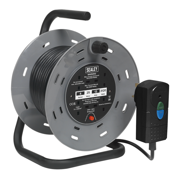 Sealey BCR25RCD 25m Cable Reel with Thermal Trip & RCD Plug 4 x 230V