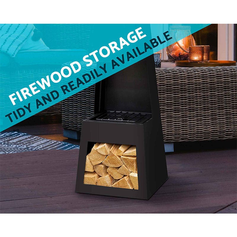 Dellonda Outdoor Chiminea Fireplace Fire Pit Heater Firewood Storage Black Steel
