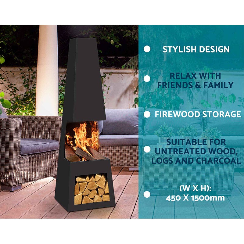 Dellonda Outdoor Chiminea Fireplace Fire Pit Heater Firewood Storage Black Steel