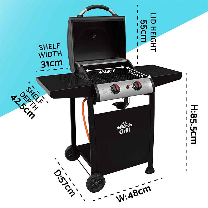 Dellonda 2 Burner Gas BBQ Grill, Ignition, Thermometer, Black/Stainless Steel