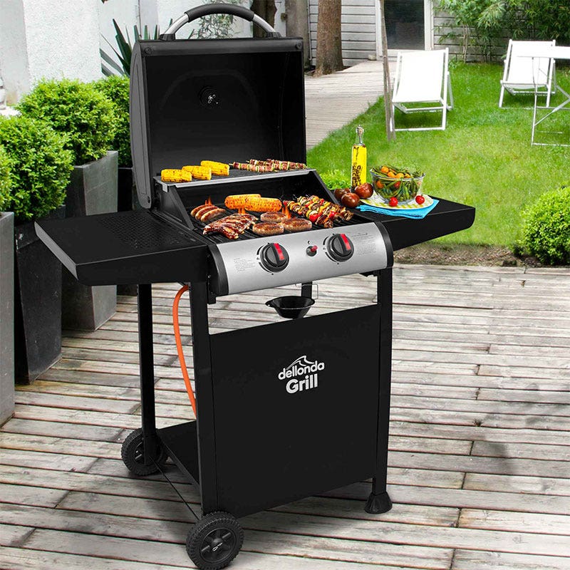 Dellonda 2 Burner Gas BBQ Grill, Ignition, Thermometer, Black/Stainless Steel