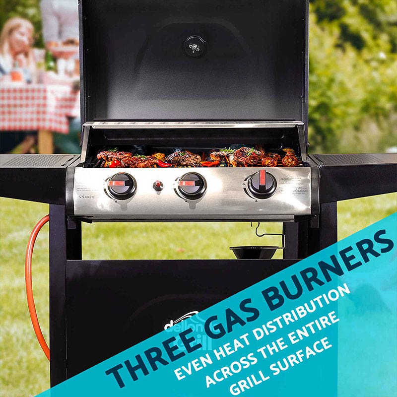 Dellonda 3 Burner Gas BBQ Grill, Ignition, Thermometer, Black/Stainless Steel