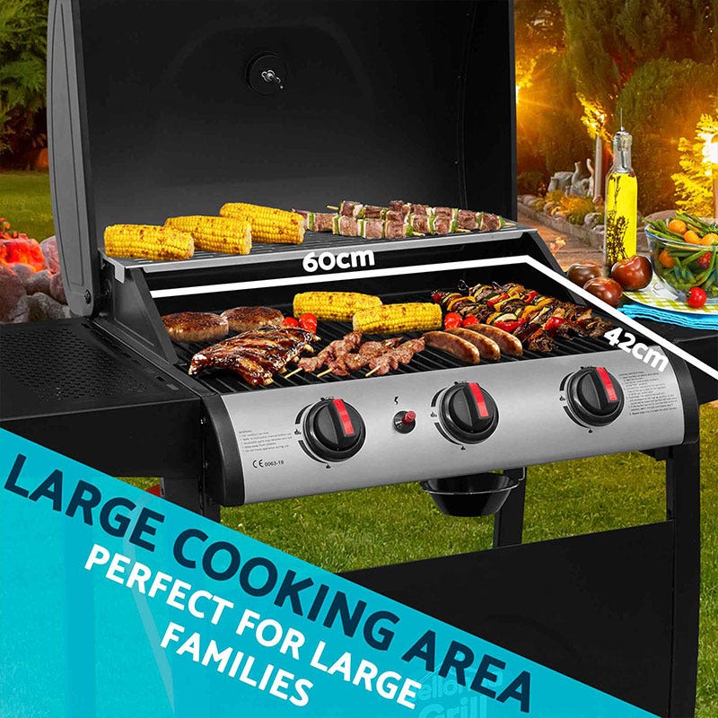 Dellonda 3 Burner Gas BBQ Grill, Ignition, Thermometer, Black/Stainless Steel