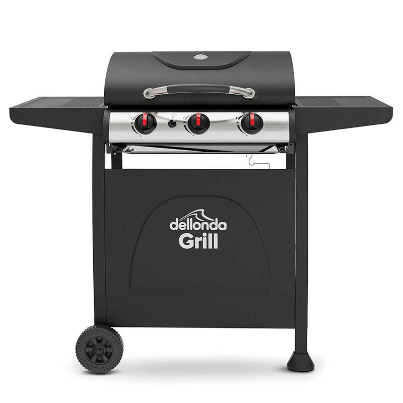 Dellonda 3 Burner Gas BBQ Grill, Ignition, Thermometer, Black/Stainless Steel
