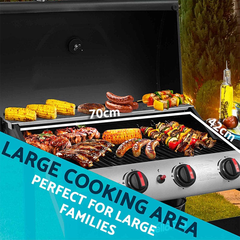 Dellonda 4 Burner Gas BBQ Grill, Ignition, Thermometer, Black/Stainless Steel
