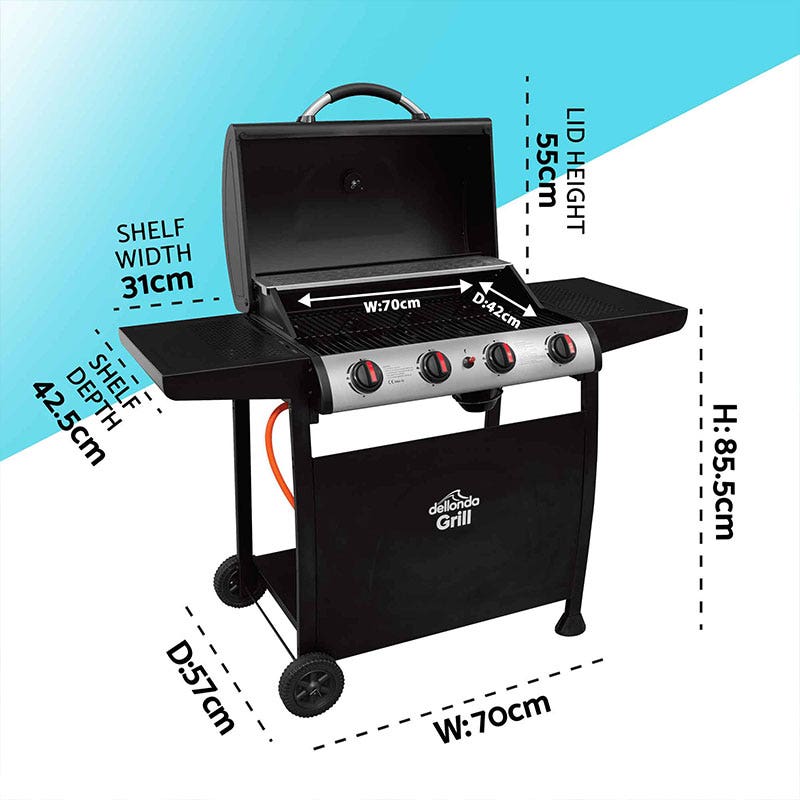 Dellonda 4 Burner Gas BBQ Grill, Ignition, Thermometer, Black/Stainless Steel