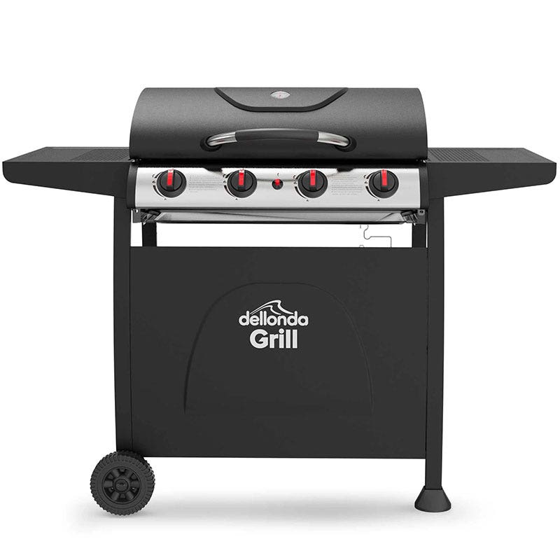 Dellonda 4 Burner Gas BBQ Grill, Ignition, Thermometer, Black/Stainless Steel