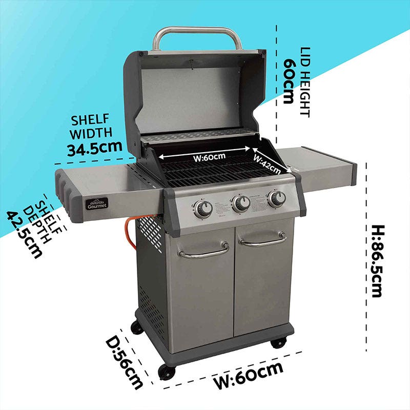 Dellonda 3 Burner Deluxe Gas BBQ Grill, Piezo Ignition, Stainless Steel, Wheels
