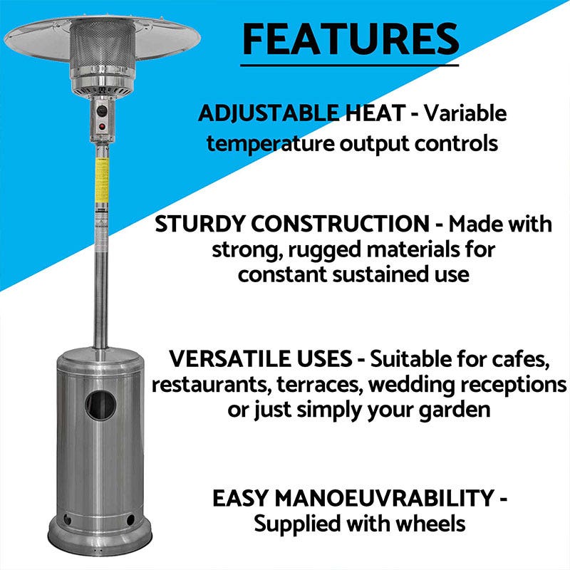 Dellonda 13kW Stainless Steel Commercial Gas Outdoor Garden Patio Heater, Wheels