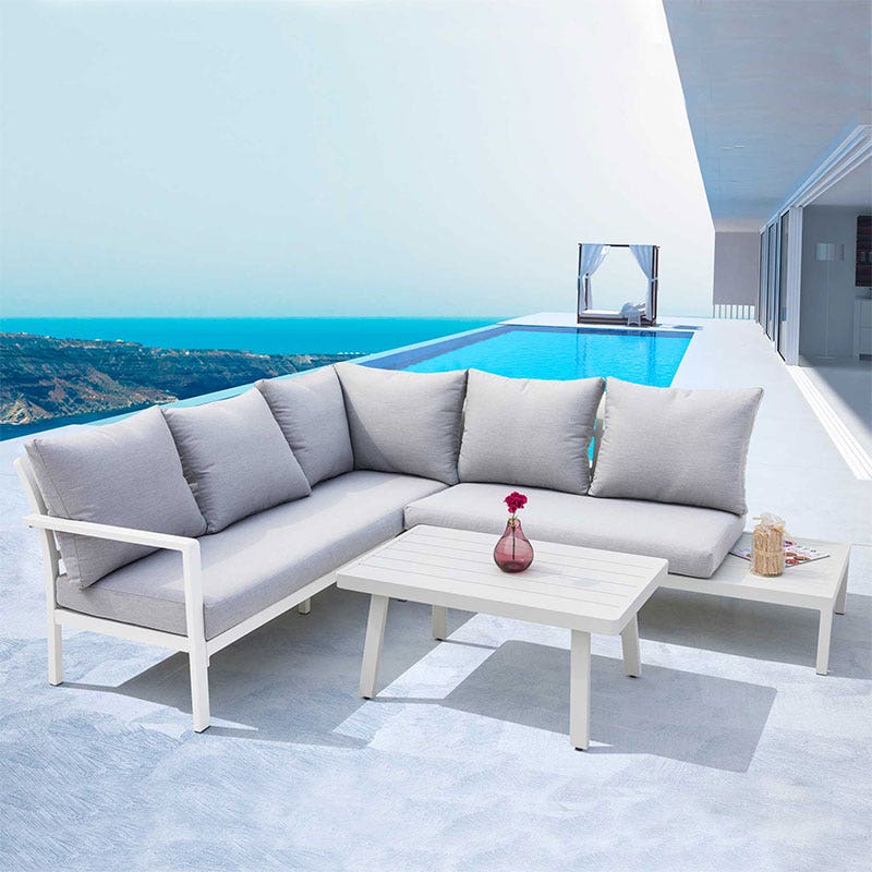 Dellonda Kyoto White 3 Piece Outdoor Garden Corner Sofa & Coffee Table Set