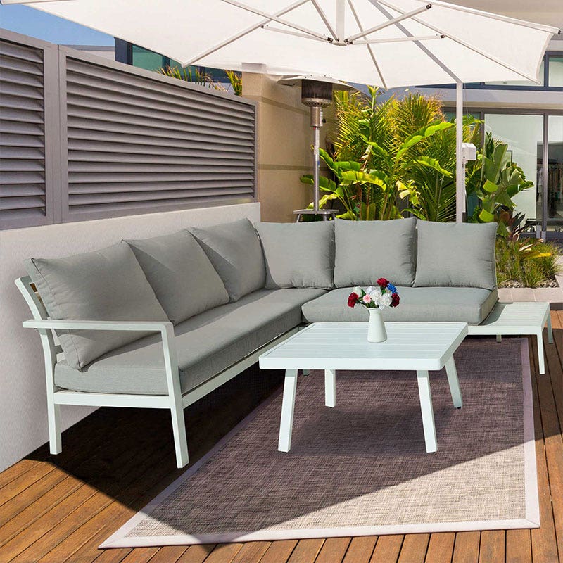 Dellonda Kyoto White 3 Piece Outdoor Garden Corner Sofa & Coffee Table Set