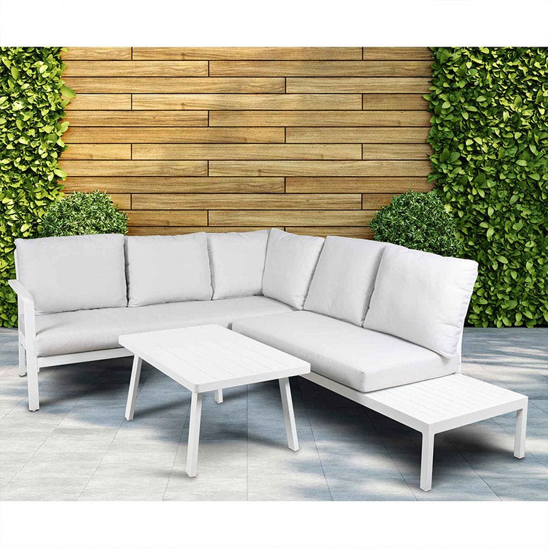 Dellonda Kyoto White 3 Piece Outdoor Garden Corner Sofa & Coffee Table Set