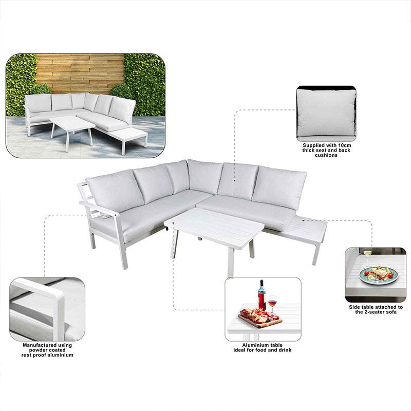 Dellonda Kyoto White 3 Piece Outdoor Garden Corner Sofa & Coffee Table Set