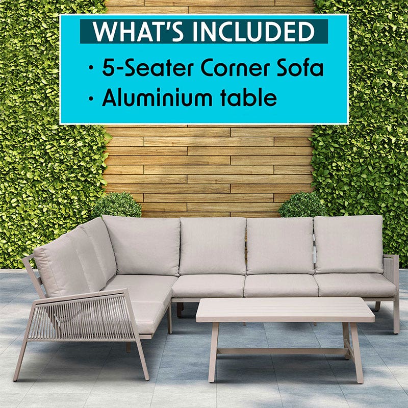 Dellonda Fusion 4 Piece Outdoor Aluminium Garden Corner Sofa & Coffee Table Set, Light Grey