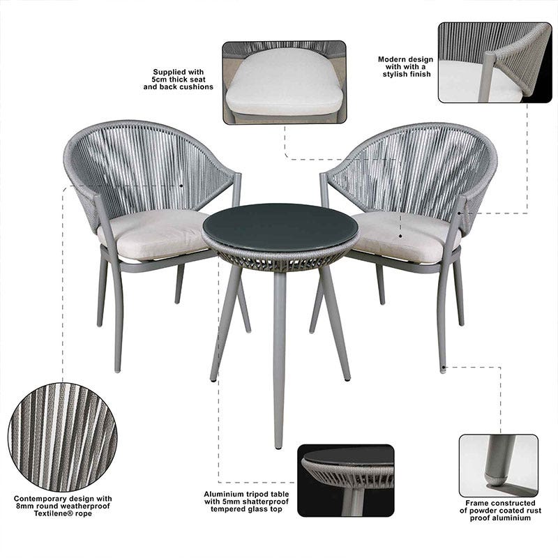 Dellonda Echo 3 Piece Aluminium Balcony Set with Tempered Glass Top, Grey - DG58